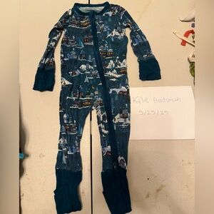 Little sleepies midnight express bamboo zippie pajamas 3-6 teal Christmas